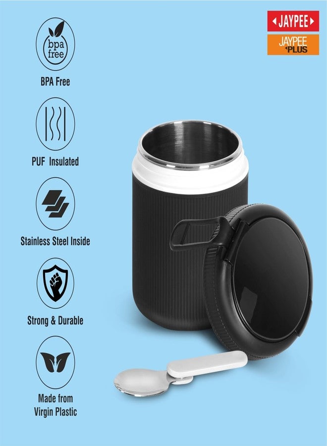 JAYPEE SoloMeal PUF Insulated Inner Stainless Steel Food Jar with Foldable Spoon|Hot/Cold Meal Jar for Kids|Office Women |Men|Food Storage Traveling Box Light Weight |Scratch Resistant|500 ml, Black - Image 3